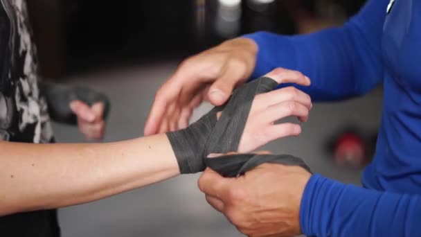 Coach Wraps Caucasian Female Boxer Hands Protection Band Trainer Help — Stok video
