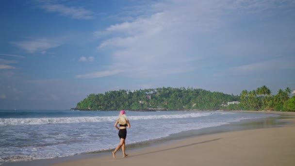 Young Blonde Woman Jogs Sea Sunrise Caucasian Female Runs Beach — Stockvideo