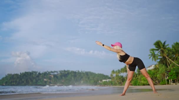 Young Blonde Woman Exercesing Sea Sunrise Caucasian Female Stretching Beach — Wideo stockowe