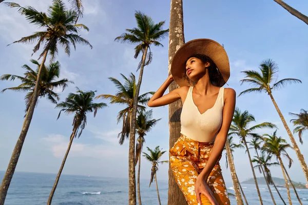Young african female model posing in colorful clothes at tropical setting at sunrise. Black woman against exotic scenery at dawn. Multiracial dark-skinned model poses in front of palm trees at sunset