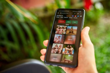 February 5, 2023, Mirissa, Sri Lanka. Using Pornpen website on phone. Woman testing artificial intelligence erotic image generator. Person creating nudity pictures via neural network online close-up