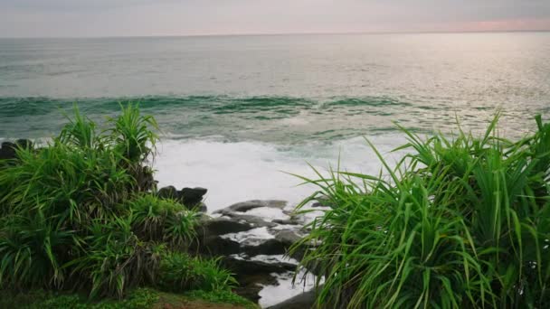 Zapierający Dech Piersiach Widok Ocean Malowniczego Zielonego Wzgórza Pokryte Roślinami — Wideo stockowe