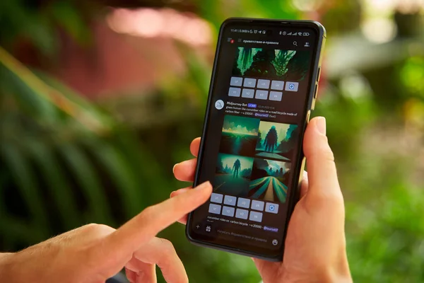 February 5, 2023, Mirissa, Sri Lanka. Using Midjourney on phone. Woman creates images from textual descriptions with photo generator. Person creating pictures via neural network online close-up.