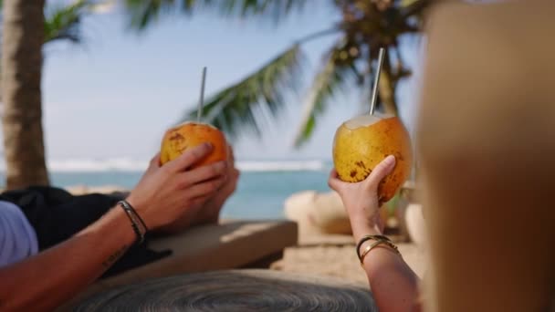 Closeup Shot Fresh King Coconuts Exotic Background Tourists Hold Two — ストック動画