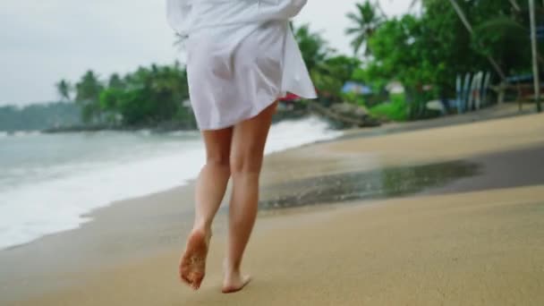 Slim Female Legs Feet Walking Sea Water Waves Sandy Beach — Stockvideo