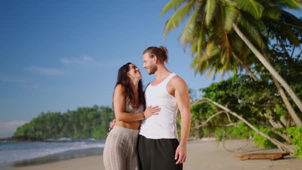 Video Portrait Happy Diverse Couple Embracing Smiling Camera Tropical Seaside — Stock videók