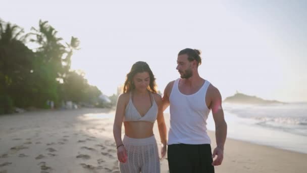 Young Biracial Happy Couple Hugging Walking Beach Together Enjoying Summer — Stock videók