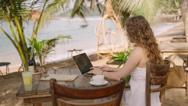 Female Developer Working Laptop Ocean Young Woman Freelancer Coding Outdoor — 图库视频影像