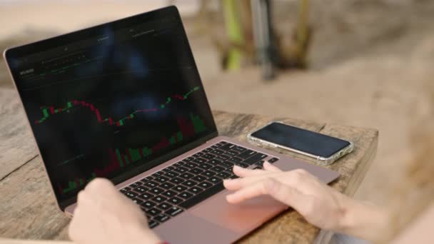 Woman Crypto Trader Laptop Checking Candlestick Charts Online Working Remotely — ストック動画