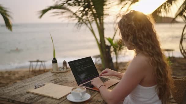 Young Female Developer Working Laptop Creating Apps Ocean Woman Freelancer — Stock Video