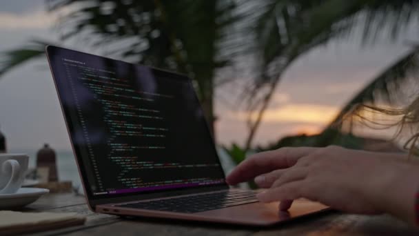 Entwicklerinnen Arbeiten Laptop Auf Hoher See Junge Freiberuflerin Codiert Tropischen — Stockvideo
