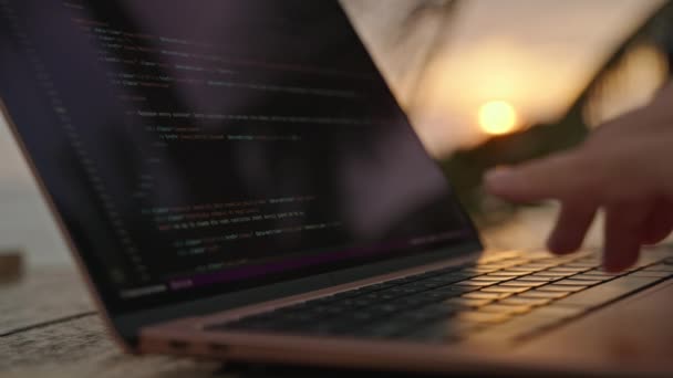Young Female Developer Working Laptop Ocean Sunset Woman Freelancer Coding — Stock Video