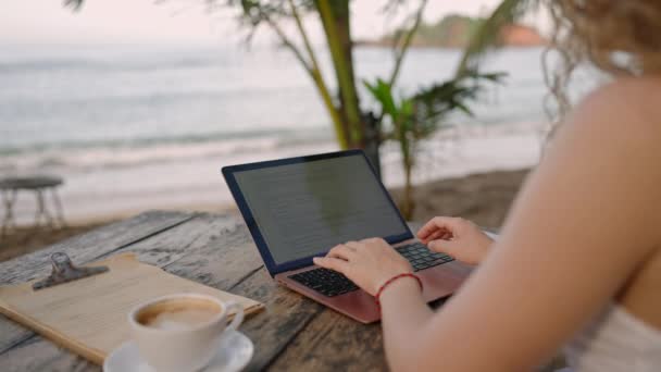 Female Developer Working Laptop Ocean Young Woman Freelancer Coding Outdoor — Vídeo de Stock