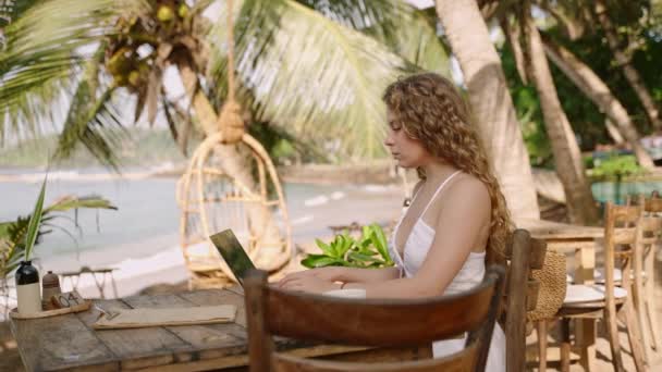 Desarrolladora Que Trabaja Computadora Portátil Junto Océano Mujer Joven Freelancer — Vídeo de stock