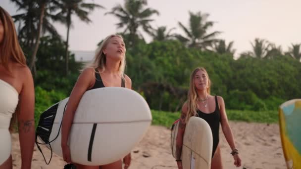 Las Mujeres Surfistas Alegres Están Junto Océano Amanecer Chicas Surfistas — Vídeos de Stock