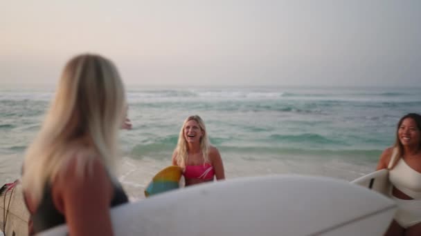Filles Surfeuses Heureux Tenant Planches Surf Parler Joyeusement Debout Sur — Video