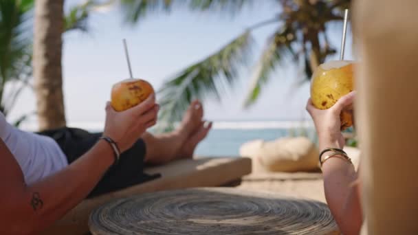 Detailní Záběr Čerstvých Královských Kokosů Exotickým Pozadím Turisté Drží Dva — Stock video