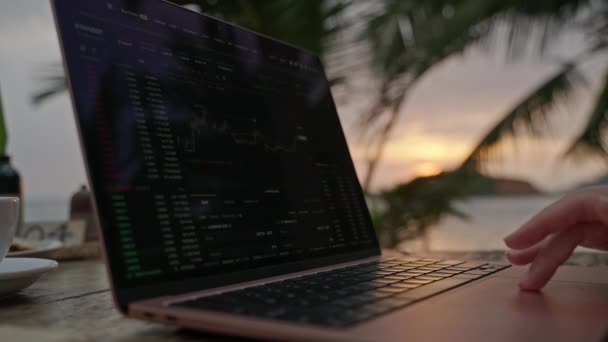 Woman Crypto Trader Laptop Checking Candlestick Charts Online Working Remotely — Αρχείο Βίντεο