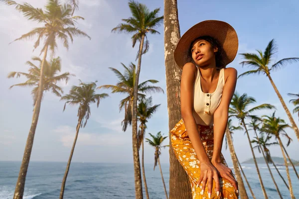 Young African Female Model Posing Colorful Clothes Tropical Setting Sunrise — Stockfoto