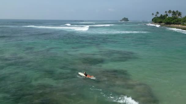 Młoda Surferka Wiosłująca Desce Surfingowej Kryształowej Wodzie Malowniczej Tropikalnej Plaży — Wideo stockowe