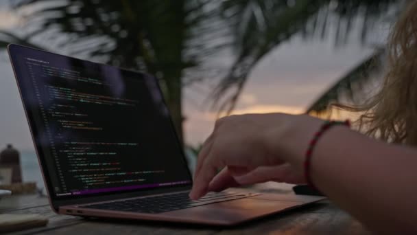 Entwicklerin Arbeitet Laptop Meer Junge Freelancerin Codiert Tropischen Café Bei — Stockvideo