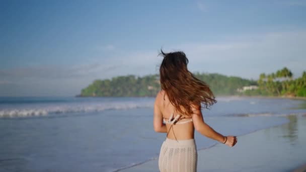 Young Cheerful Latin Woman Runs Away Turns Camera Stretches Her — Stock videók