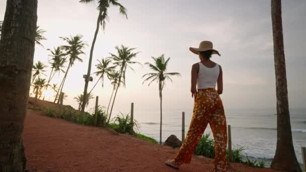 アフリカ系アメリカ人の女性は熱帯の島でカメラで写真を撮る 女性の多人種写真家観光客は休暇中に海の景色の場所を探索します 黒女の子取る写真上の日の出でわら帽子 — ストック動画