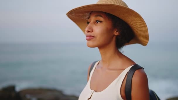 Güzel Bir Afrikalı Kadın Gün Doğumunda Adada Okyanus Manzarası Seyretmekten — Stok video