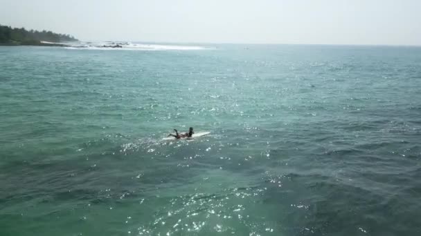 Jonge Vrouwelijke Surfer Roeien Surfplank Kristalwater Schilderachtig Tropisch Strand Zonnige — Stockvideo