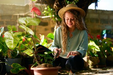 Hasır şapkalı kadın bahçıvan elinde bahçe malası saksı bitkileriyle ilgileniyor. Bahçesinde oturmuş saksılara çiçek eken beyaz bir kadın gülümsüyor. Bahçıvanlık ve tarım kavramı.