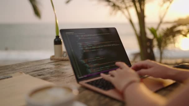 Female Developer Working Laptop Ocean Young Woman Freelancer Coding Outdoor — Αρχείο Βίντεο