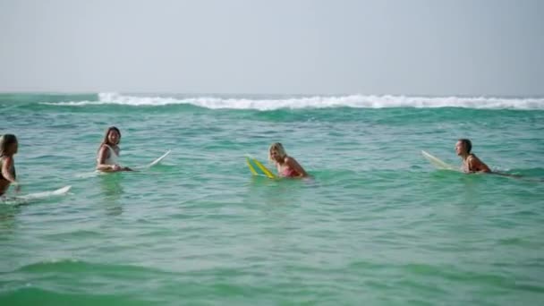 Jonge Diverse Vrouwen Surfen Surfplanken Paardrijden Golven Oceaan Bij Zonsopgang — Stockvideo
