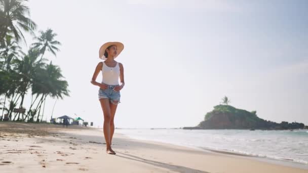 Multiethnic Black Woman Walking Ocean Beach Her Tropical Vacation Exotic — Stock Video