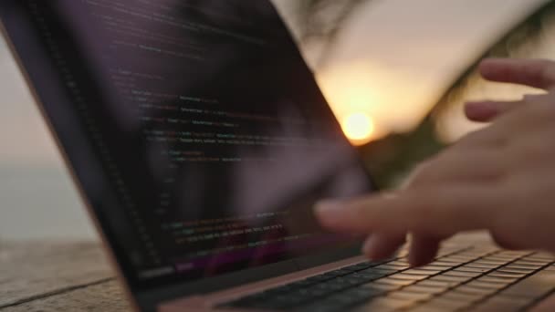 Desarrolladora Femenina Trabajando Laptop Por Océano Mujer Joven Freelancer Codificación — Vídeos de Stock