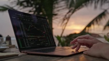 Bilgisayardaki kadın kripto para tüccarı günbatımında açık deniz kafesinde çalışan online haritaları kontrol ediyor. Kadın kripto komisyoncusu okyanusa yakın plandaki borsa oranlarının grafiklerini analiz ediyor.