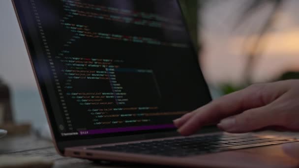 Young Female Developer Working Laptop Ocean Sunset Woman Freelancer Coding — Stock Video