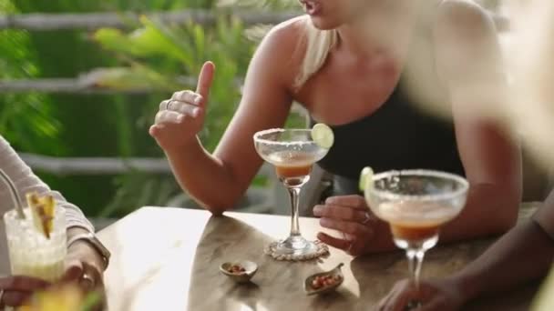 Diverse Female Friends Outdoor Seaside Rooftop Restaurant Chatting Drinking Cocktais — Stock Video
