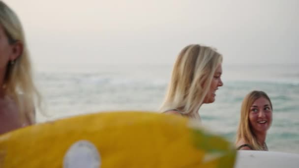 Felici Surfiste Multietniche Che Camminano Lungo Spiaggia All Alba Allegro — Video Stock