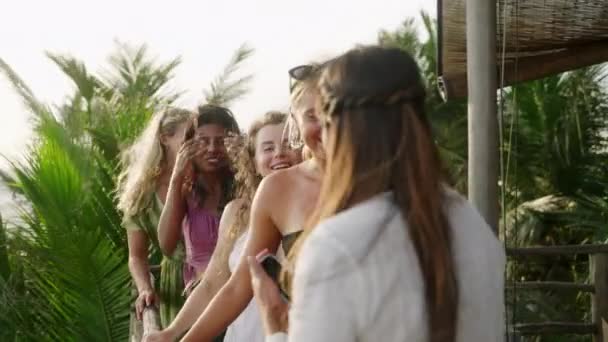 Cheerful Multiracial Girls Take Selfies Vacation Diverse Young Females Taking — Stock Video