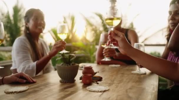 Multiraciale Vrouwen Juichen Klinkende Glazen Met Wijn Genieten Van Diner — Stockvideo