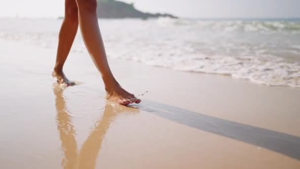 Чорна Жінка Йде Піщано Океанічним Пляжем Екзотичному Острові Вздовж Морських — стокове відео