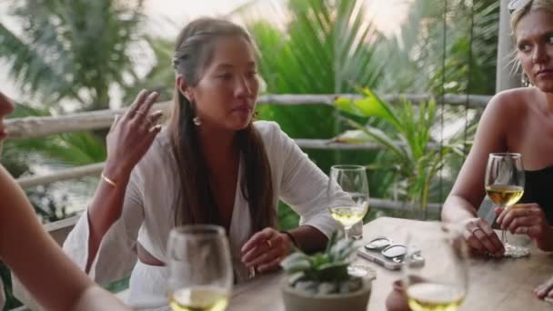 Diverse Vrouwelijke Vrienden Drinken Wijn Restaurant Met Zeezicht Het Dak — Stockvideo