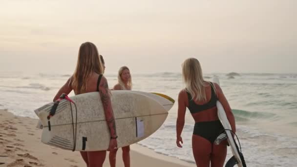 Chicas Surfistas Felices Sosteniendo Tablas Surf Hablando Alegremente Pie Playa — Vídeos de Stock