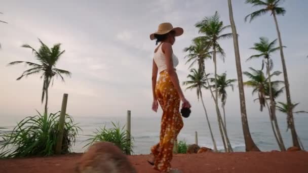 Afroamerykanka Chodząca Kamerą Tropikalnej Wyspie Kobieta Wielorasowy Fotograf Turysta Bada — Wideo stockowe