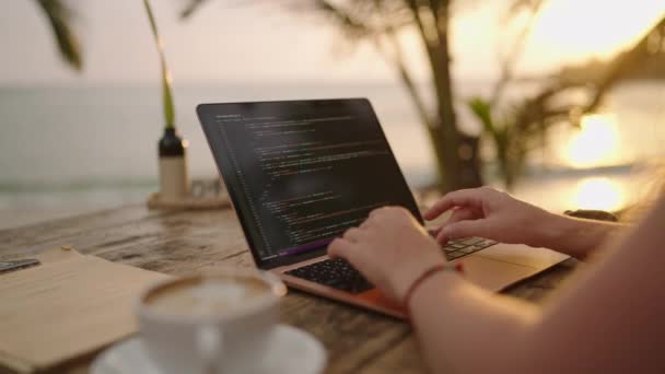 Desenvolvedor Mulher Trabalhando Laptop Por Oceano Jovem Freelancer Sexo Feminino — Vídeo de Stock