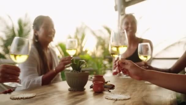 Многорасовые Женщины Аплодируют Звенят Бокалами Вином Наслаждаясь Ужином Кафе Видом — стоковое видео