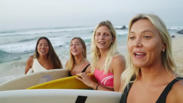 Alegre Surfista Multirracial Niñas Bikini Hacer Videocall Celebración Tablas Surf — Vídeos de Stock