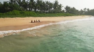 Tropikal sahilde sörf tahtalarıyla oturan kadınlar, dalgaların altında kumlara uzanan dişi sörfçüler. Plajda sörf tahtası olan sörfçü kızlar İHA 'dan gelen dalgalarla yıkandılar..