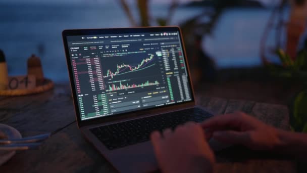Woman Crypto Trader Laptop Checking Candlestick Charts Online Working Remotely — Vídeo de stock