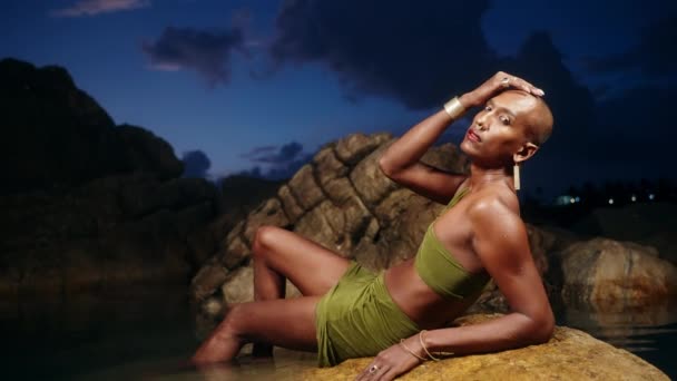 Trans Sexual Black Fashion Model Poses Lying Big Stone Natural — Stock Video